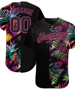 Custom Black Black-Pink 3D Pattern Design Tropical Palm Leaves Authentic Baseball Jersey