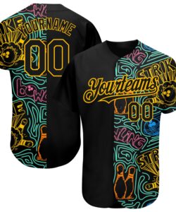 Custom Black Gold 3D Pattern Design Bowling Authentic Baseball Jersey