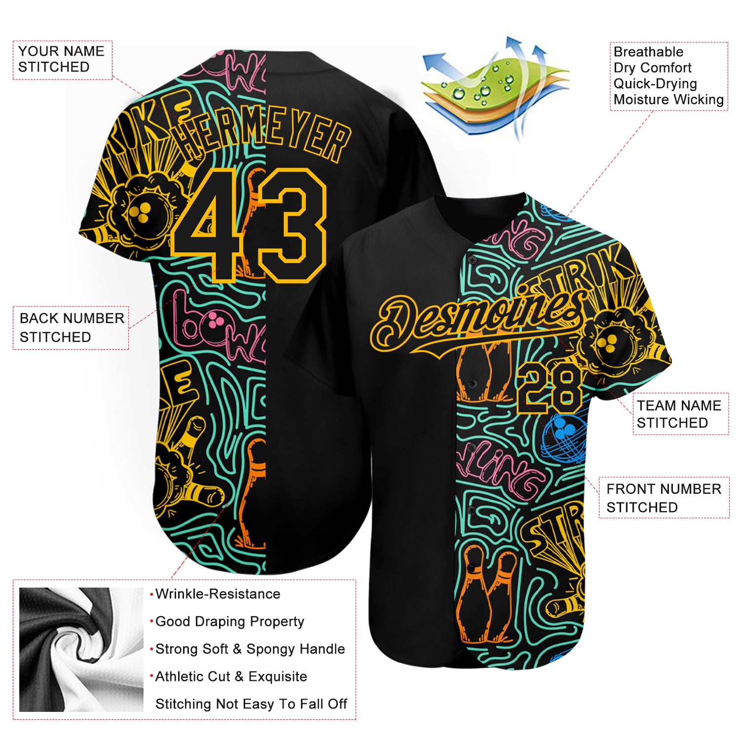 Custom Black Gold 3D Pattern Design Bowling Authentic Baseball Jersey1