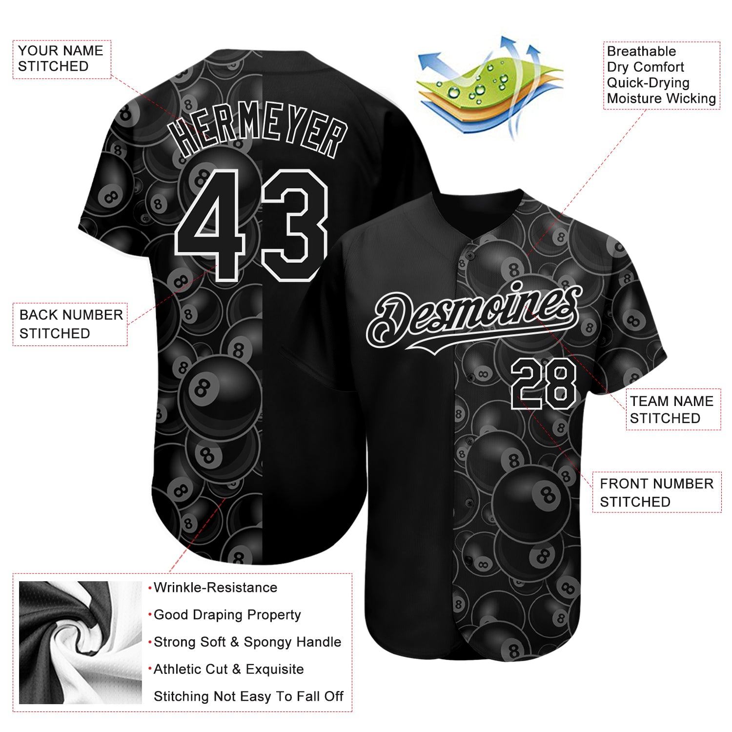 Custom Black White 3D Pattern Design Billiards Snooker 8 Ball Authentic Baseball Jersey1