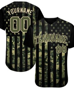 Custom Camo Olive-Cream 3D American Flag Authentic Salute To Service Baseball Jersey