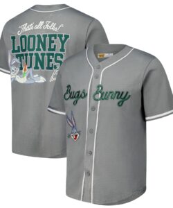 Men's Freeze Max Gray Looney Tunes Bugs Bunny That's All Folks Button-Up Baseball Jersey