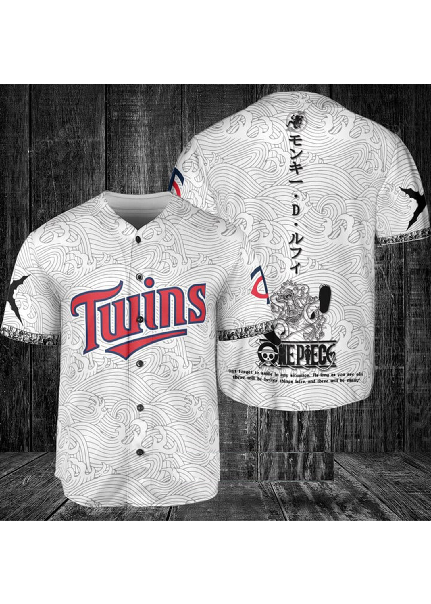 Minnesota Twins MLB One Piece Monkey D. Luffy Waving Pattern Baseball Jersey White3