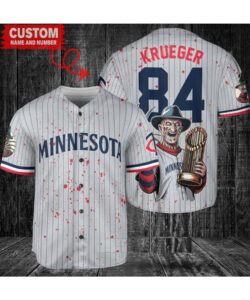 Minnesota Twins x Freddy Krueger A Nightmare on Elm Street Halloween with World Series Trophy Custom Baseball Jersey Gray Road